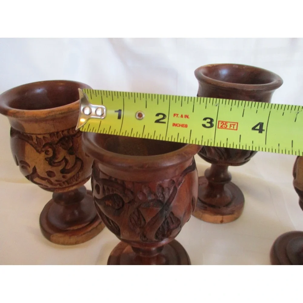 Vintage Hand Carved Wood Goblets Wine Glass Set Of 4 Elephant & Rhino